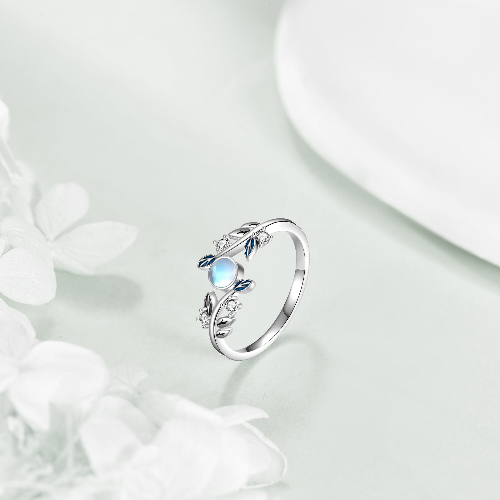 Women's Sterling Silver Moonstone Leaf Ring, Promise Ring